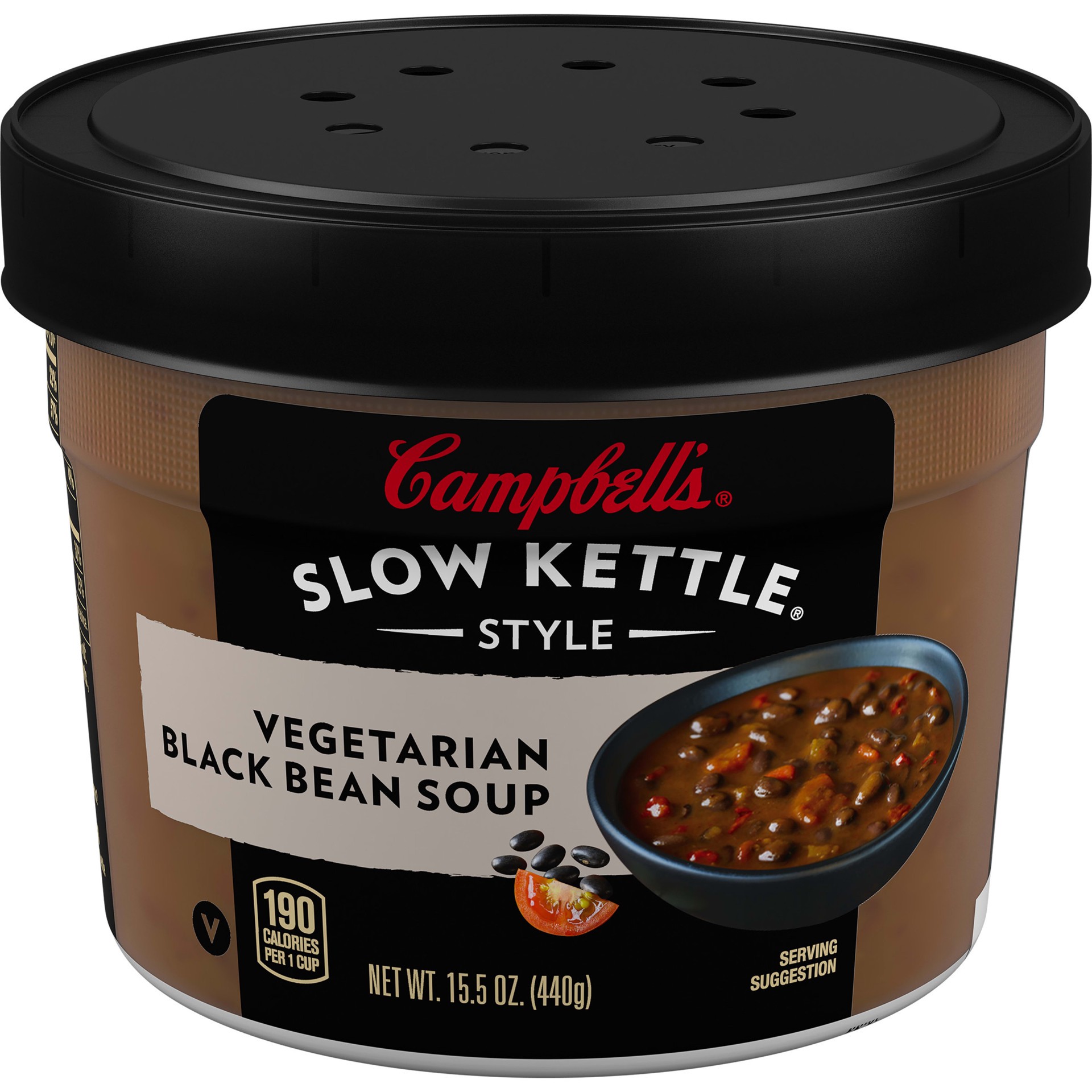 slide 1 of 12, Campbell's Slow Kettle Style Vegetarian Black Bean Soup, 15.5 oz. Tub, 15.5 oz