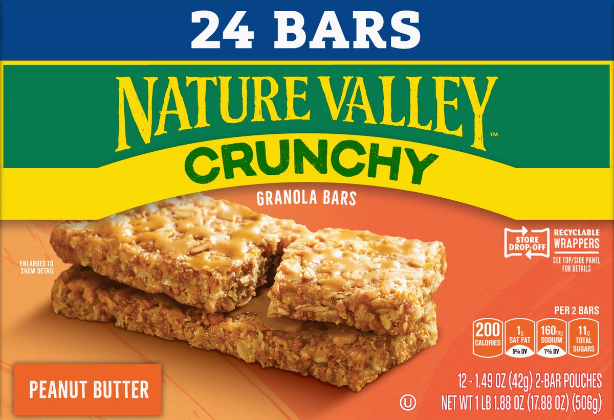 slide 4 of 9, Nature Valley Crunchy Granola Bars, Peanut Butter, 24 Bars, 17.88 OZ (12 Pouches), 12 ct
