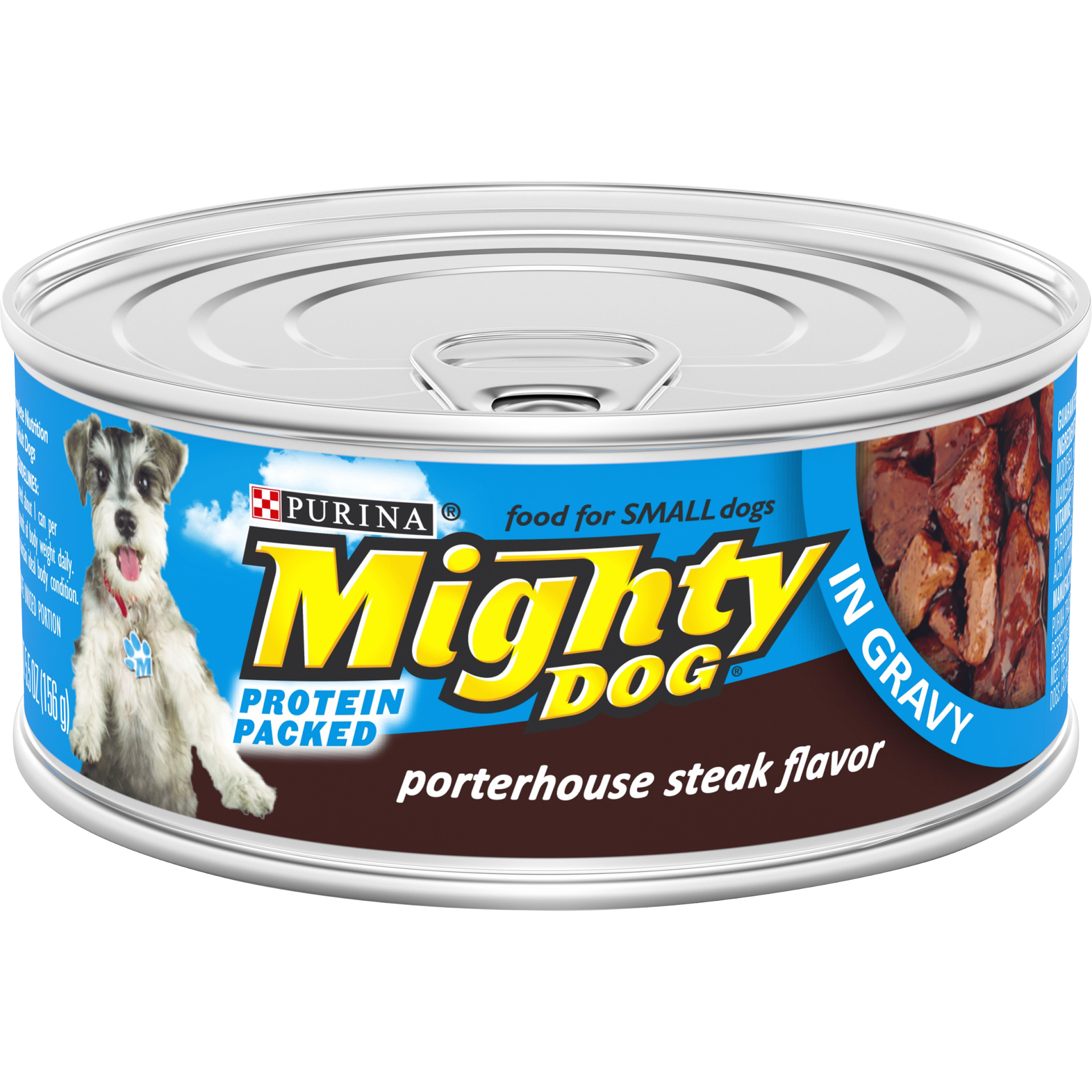 slide 1 of 7, Purina Mighty Dog Small Breed Gravy Wet Dog Food, Porterhouse Steak Flavor Pull-Top Can, 6.04 oz