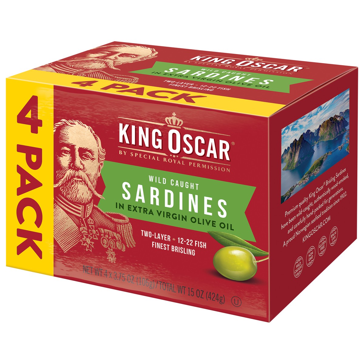 slide 2 of 3, King Oscar Wild Caught Sardines in Extra Virgin Olive Oil 4 - 3.75 oz Cans, 4 ct; 3.75 oz