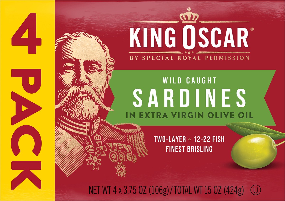 slide 3 of 3, King Oscar Wild Caught Sardines in Extra Virgin Olive Oil 4 - 3.75 oz Cans, 4 ct; 3.75 oz