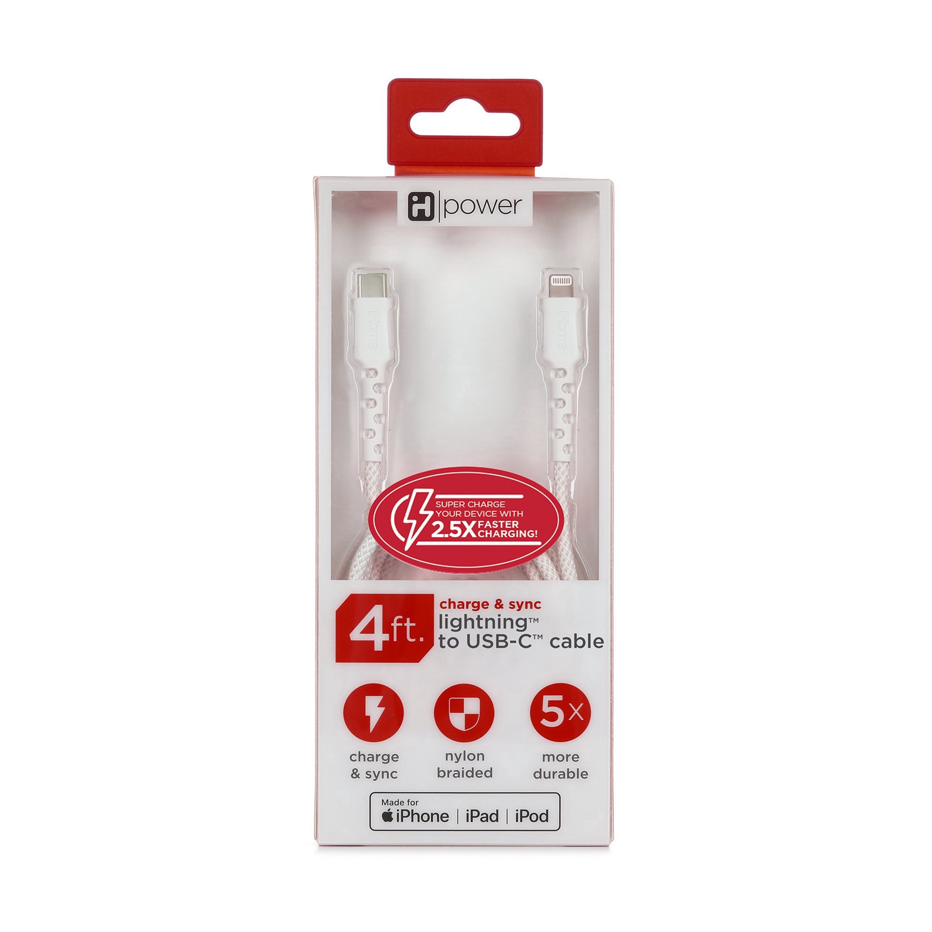 slide 1 of 1, iHome Lightning to USB-C Charging Cable - White, 4 ft