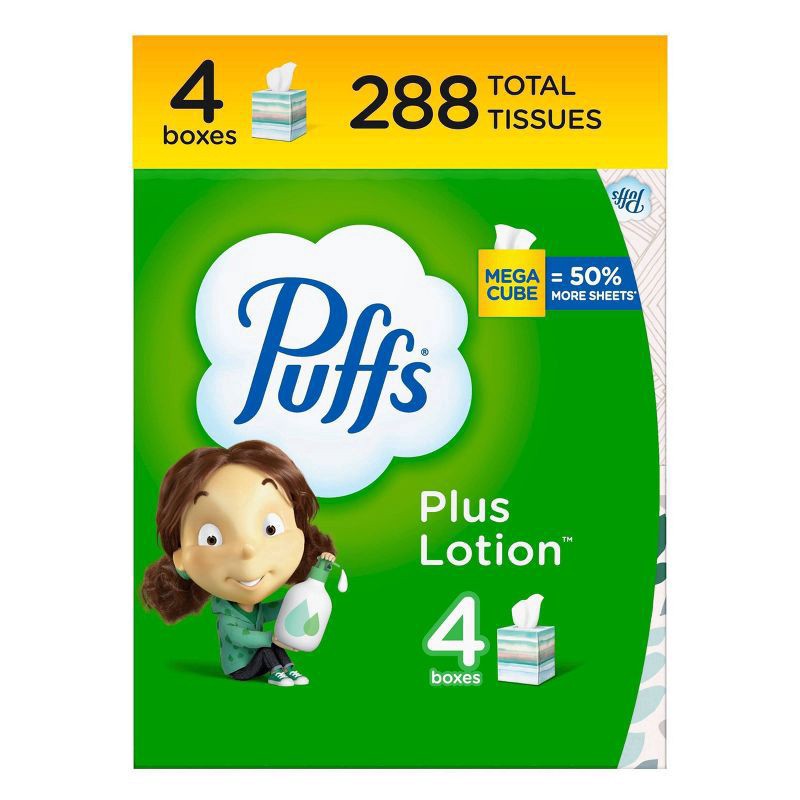 slide 1 of 1, Puffs Plus Lotion Mega Cube Facial Tissue, 4 ct / 72 ct