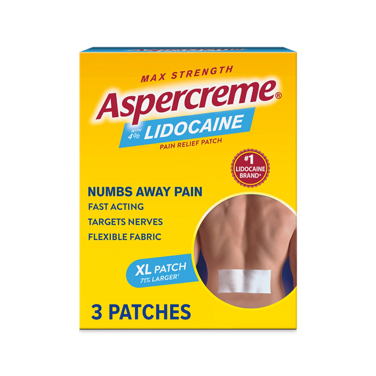 slide 1 of 11, Aspercreme Lidocaine Pain Relief Patch XL for Back, Neck & Shoulder Pain, Topical Patches With Max-Strength 4% Lidocaine & Flexible Fabric Numbs Away Pain, 3 Ct., 3 ct