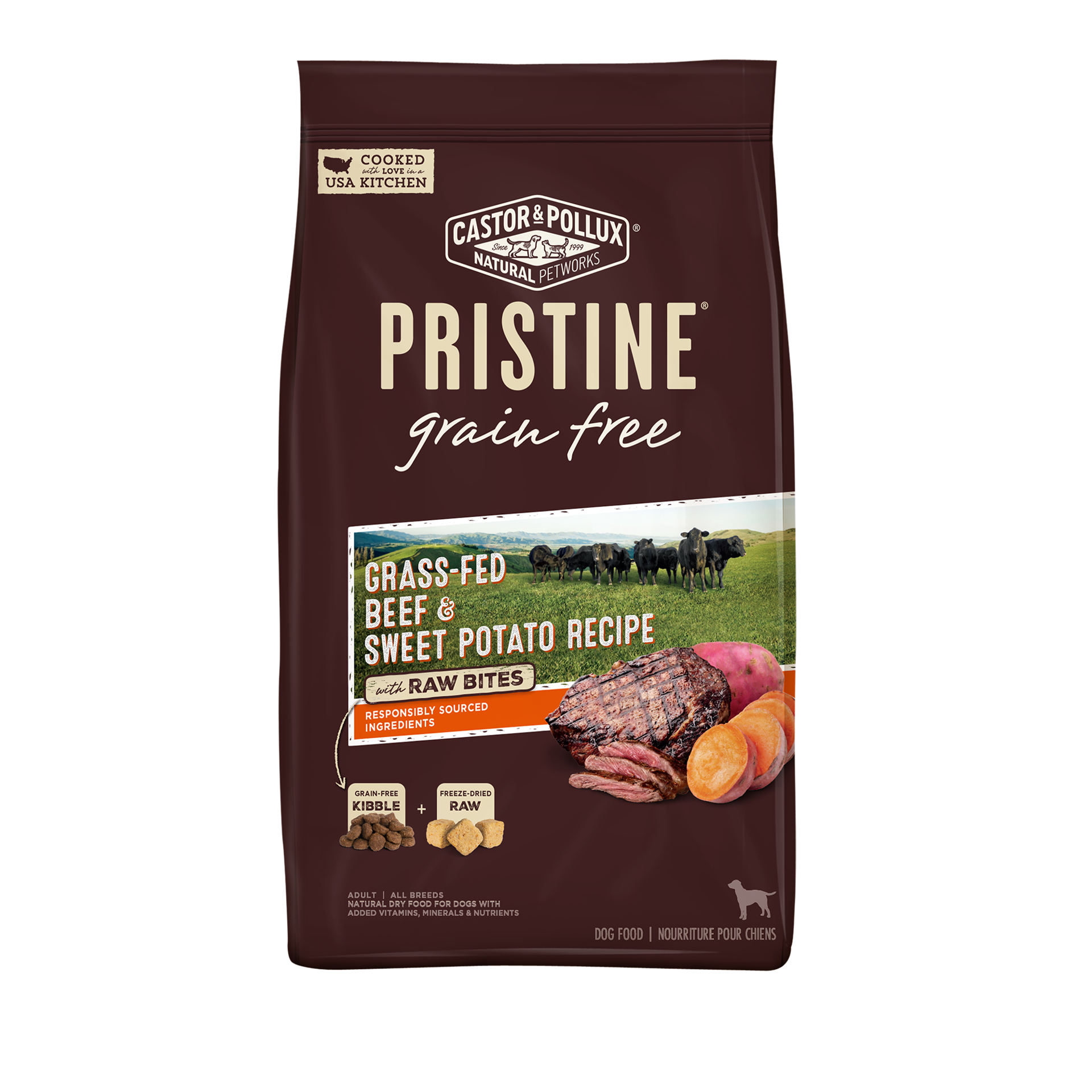 slide 1 of 3, Castor & Pollux PRISTINE Grain Free Dry Dog Food Grass-Fed Beef & Sweet Potato Recipe with Raw Bites - 18 lb Bag, 18 lb