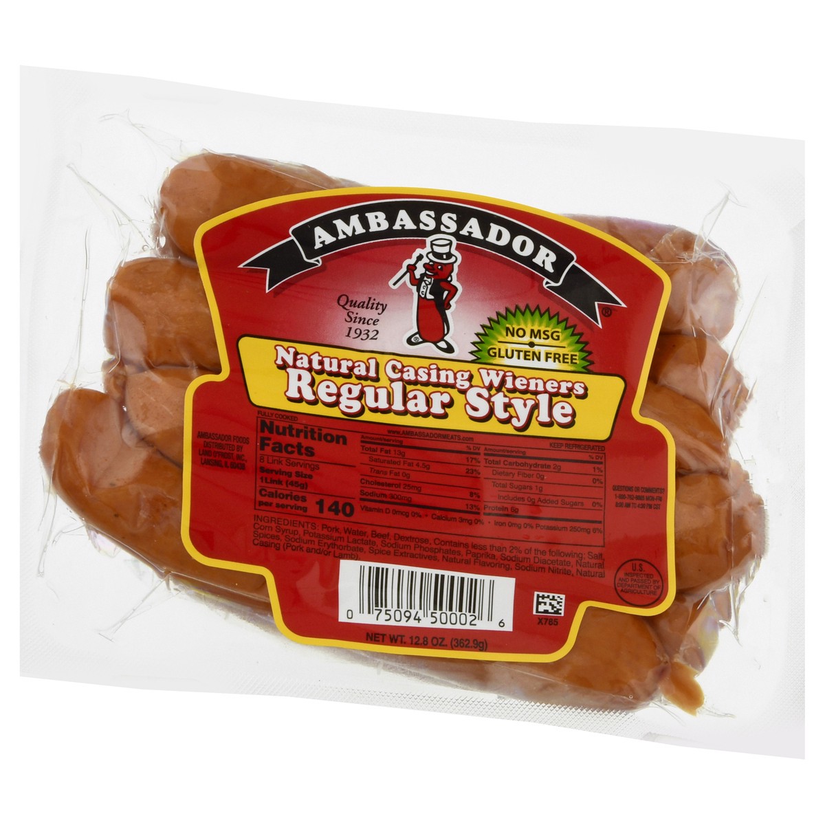 slide 4 of 9, Ambassador Natural Casing Regular Style Wieners, 12.8 oz