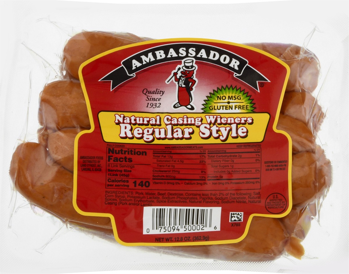 slide 5 of 9, Ambassador Natural Casing Regular Style Wieners, 12.8 oz