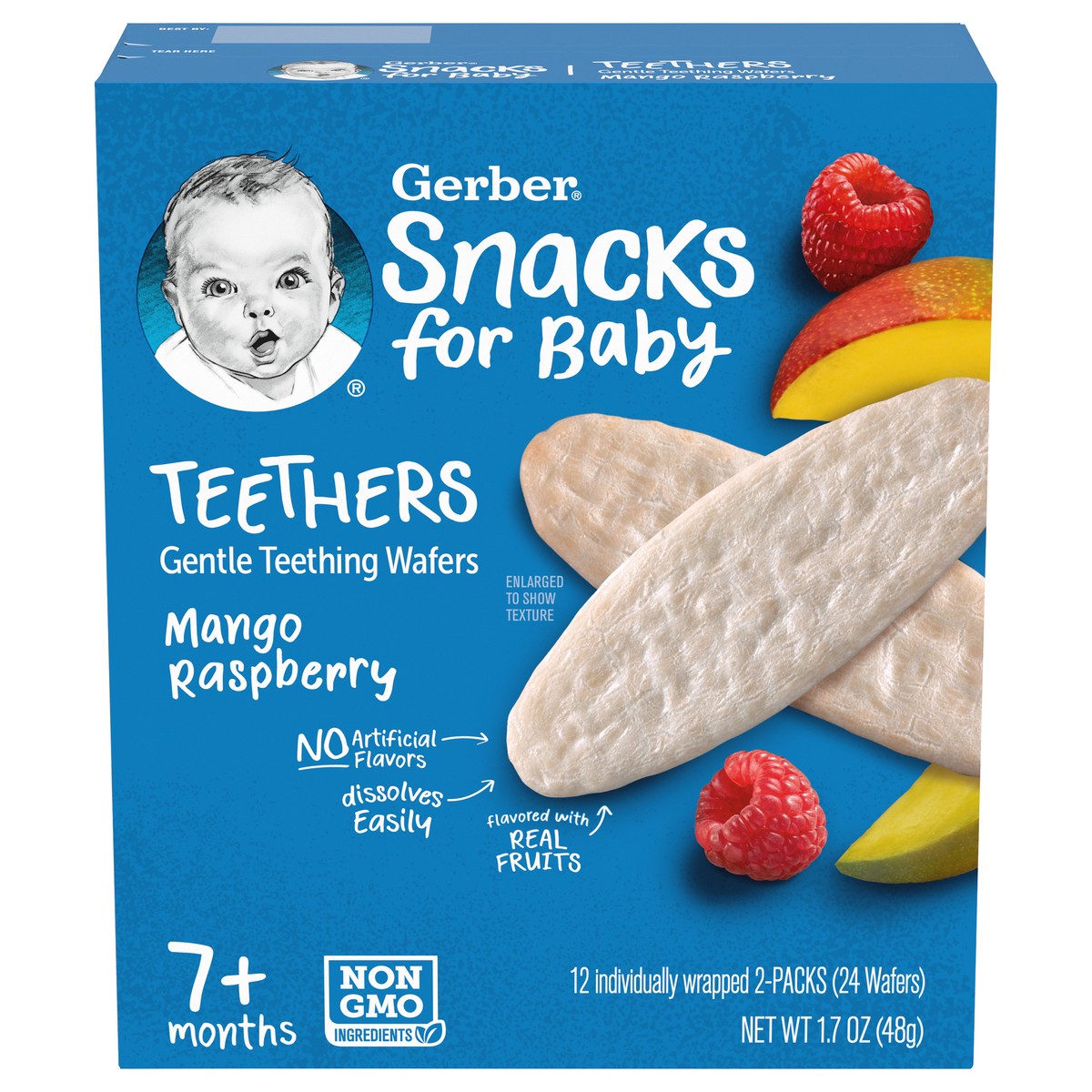 slide 1 of 12, Gerber Teethers, Mango Raspberry Gentle Teething Wafers, Baby Teething Snacks, 12 ct