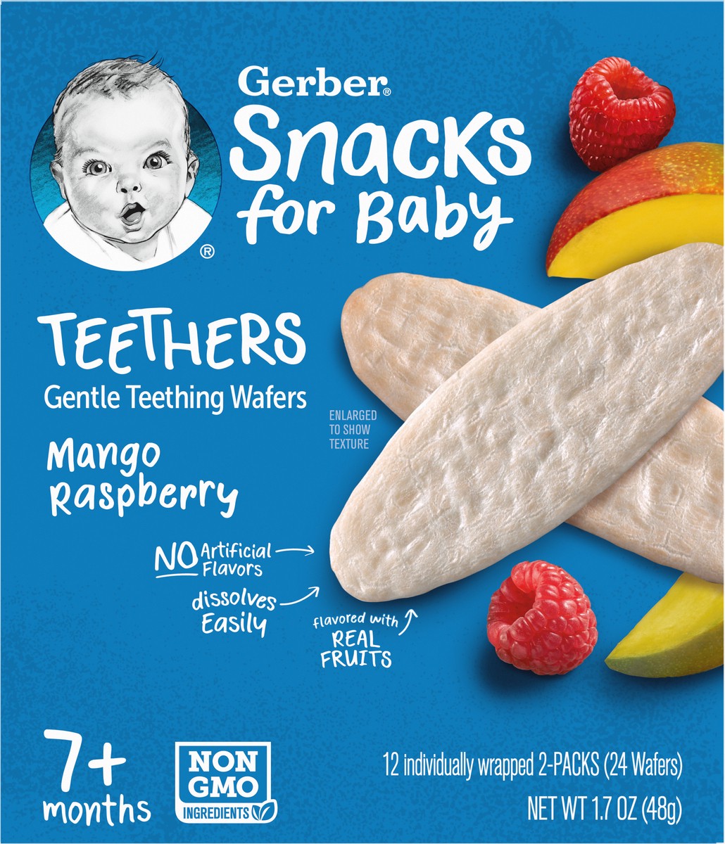 slide 5 of 12, Gerber Teethers, Mango Raspberry Gentle Teething Wafers, Baby Teething Snacks, 12 ct