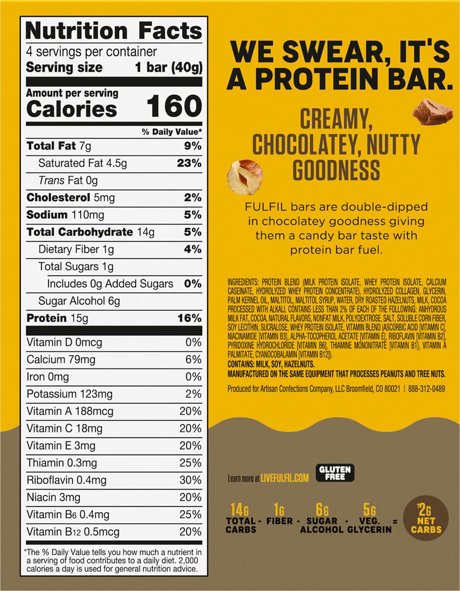 slide 11 of 11, FULFIL Chocolate Hazelnut Flavored Protein Bars, 1.41 oz (4 Count), 4 ct