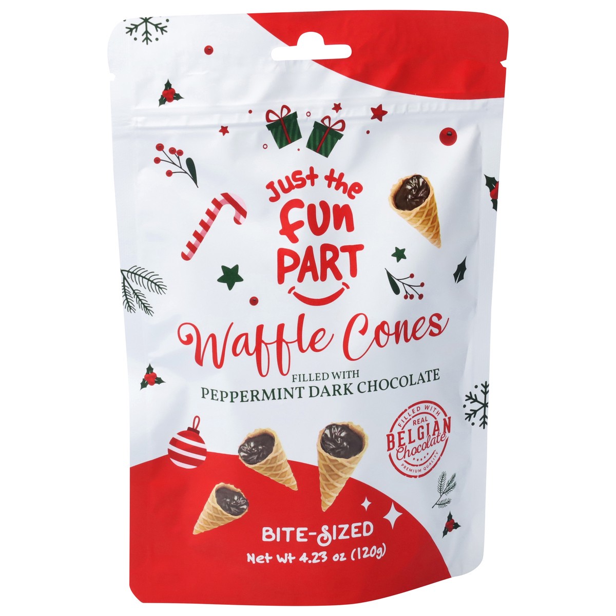 slide 10 of 13, Just the Fun Part Bite Sized Peppermint Dark Chocolate Waffle Cones Bite-Sized 4.23 oz, 4.23 oz