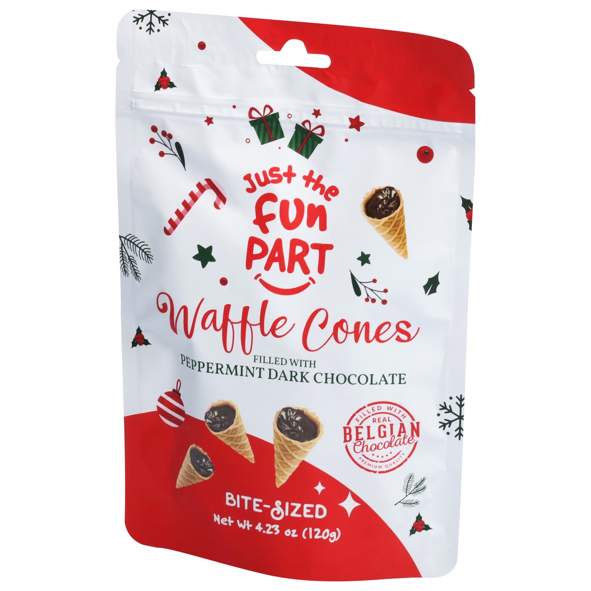 slide 8 of 13, Just the Fun Part Bite Sized Peppermint Dark Chocolate Waffle Cones Bite-Sized 4.23 oz, 4.23 oz