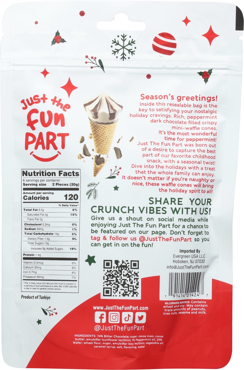 slide 5 of 13, Just the Fun Part Bite Sized Peppermint Dark Chocolate Waffle Cones Bite-Sized 4.23 oz, 4.23 oz