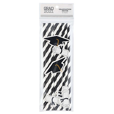 slide 1 of 1, Destination Holiday Grad 2021 Black Stripe Paper Straws with Die Cut Caps, 10 ct