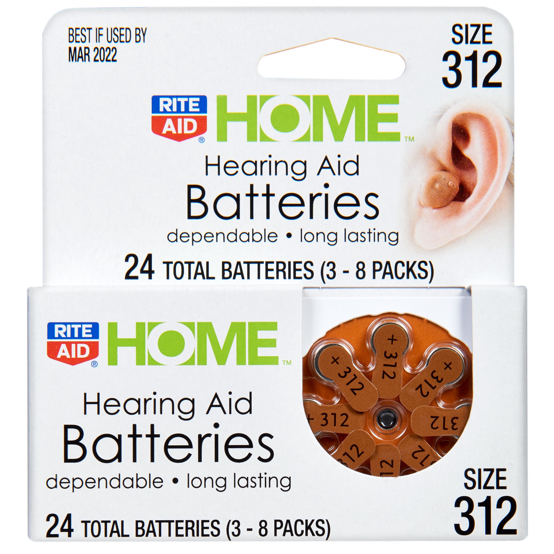 slide 1 of 3, Rite Aid Home Hearing Aid Batteries, Size 312, 24 ct