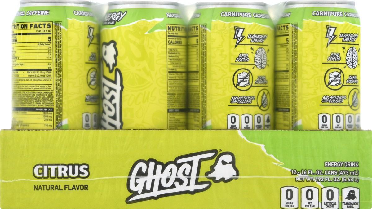 slide 1 of 12, Ghost Zero Sugar 12 Pack Citrus Energy Drink 12 ea - 12 ct, 12 ct