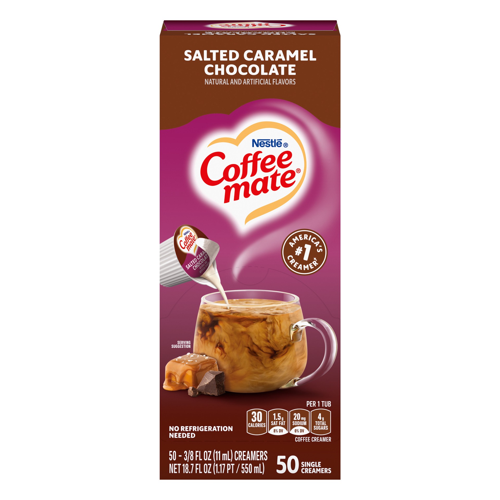 slide 1 of 14, NESTLE COFFEE MATE Coffee Creamer Salted Caramel Chocolate Flavor, Liquid Creamer Singles, 0.375 fl oz, 50 Count., 18.70 fl oz