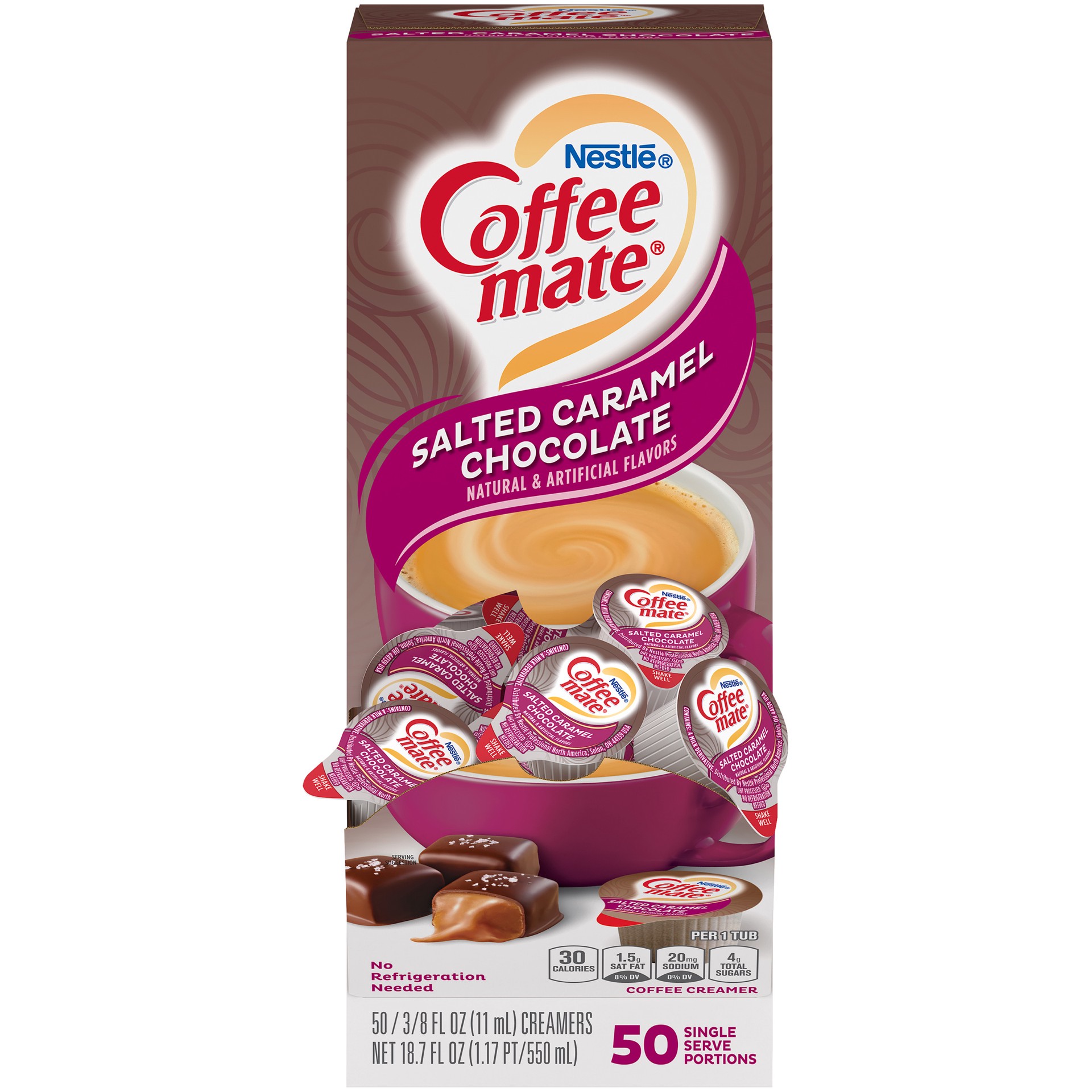 slide 1 of 14, NESTLE COFFEE MATE Coffee Creamer Salted Caramel Chocolate Flavor, Liquid Creamer Singles, 0.375 fl oz, 50 Count., 18.70 fl oz