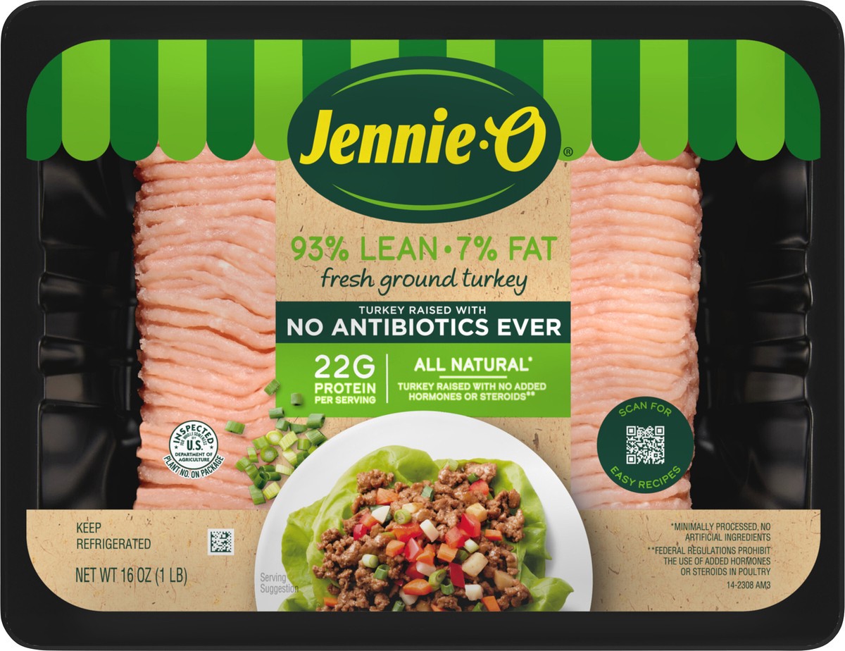 slide 4 of 11, JENNIE-O Ground Turkey 93% Lean / 7% Fat - Raised with No Antibiotics 1 lb tray, 16 oz