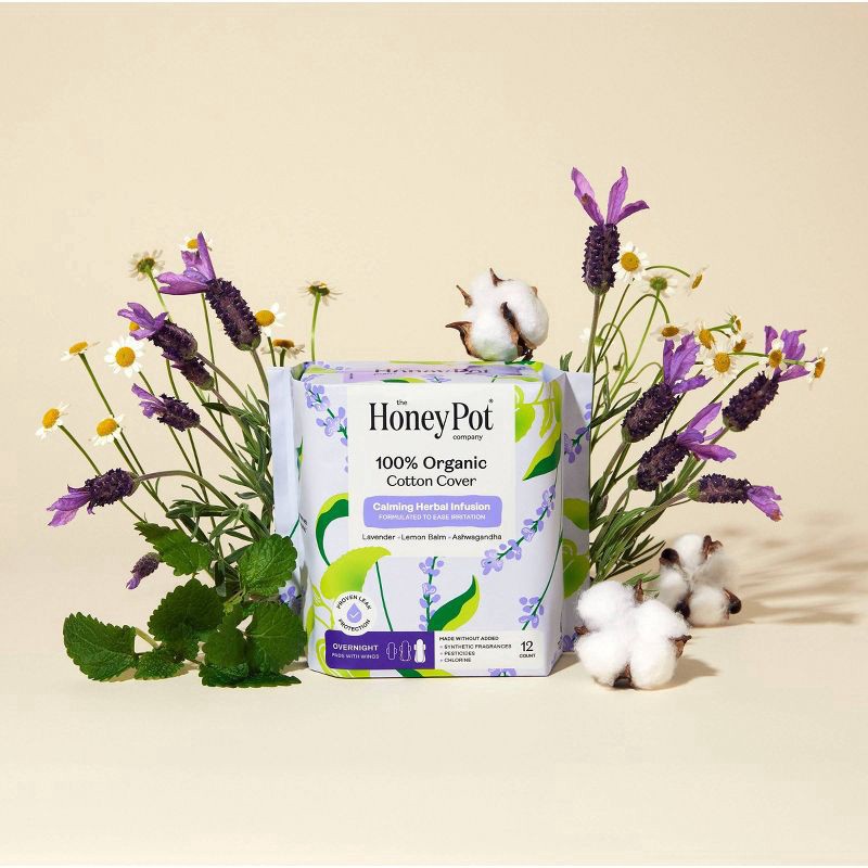 slide 2 of 9, The Honey Pot Company Honey Pot 100% Organic Cotton Cover Calming Herbal Infusion Overnight Pads, 12 Count, 12 ct