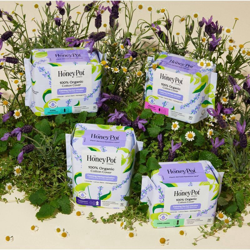 slide 6 of 9, The Honey Pot Company Honey Pot 100% Organic Cotton Cover Calming Herbal Infusion Overnight Pads, 12 Count, 12 ct