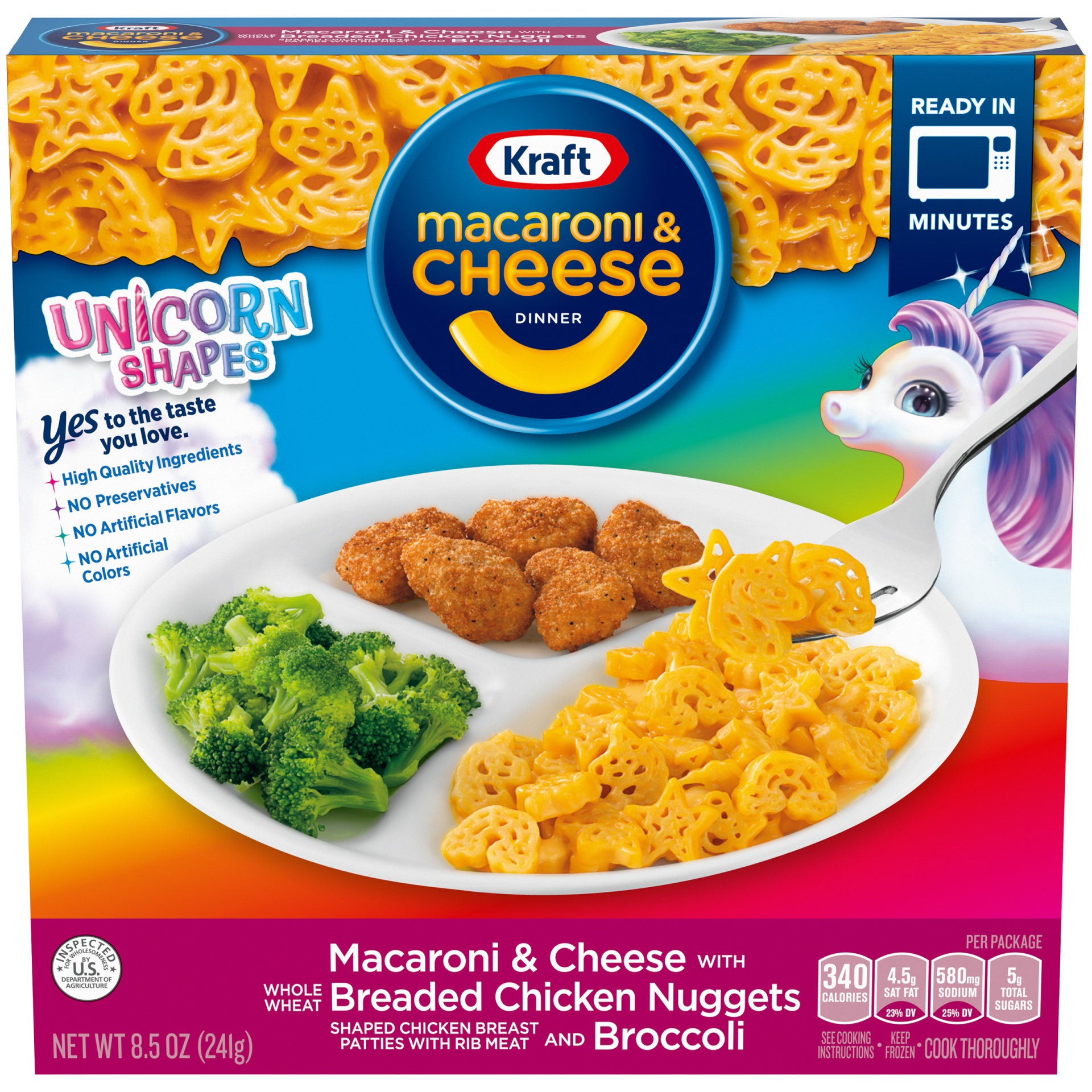 slide 1 of 1, Kraft Unicorn Shapes Pasta Macaroni & Cheese Frozen Dinner with Breaded Chicken Nuggets & Broccoli, 8.5 oz