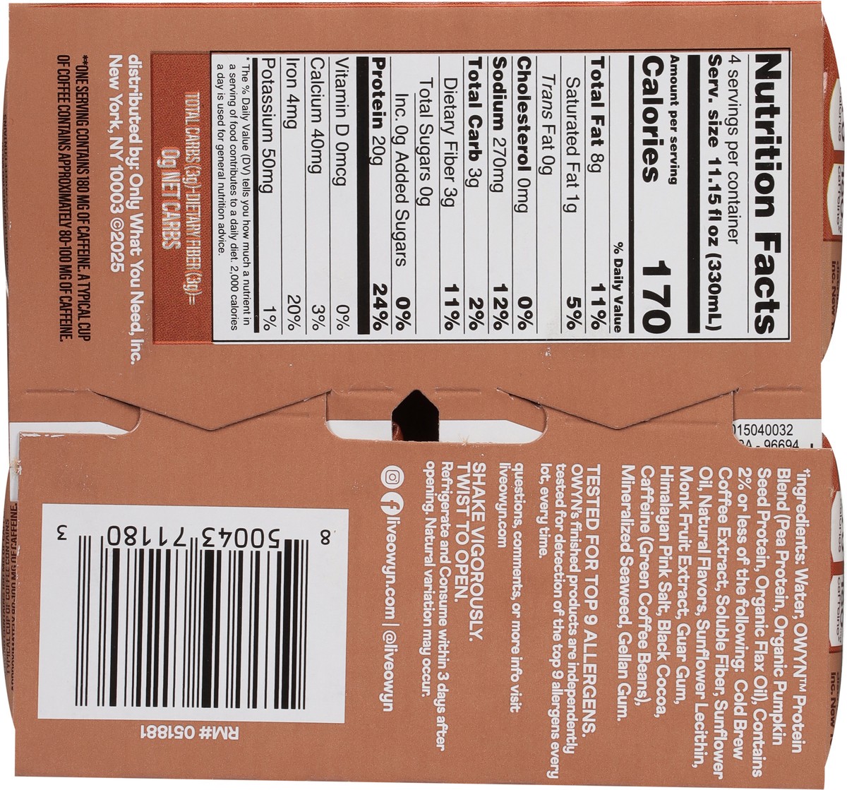 slide 9 of 13, OWYN Zero Sugar Dairy-Free Double Shot Caramel Macchiato Flavored Coffee Shakes 4 - 11.15 fl oz Bottles, 4 ct