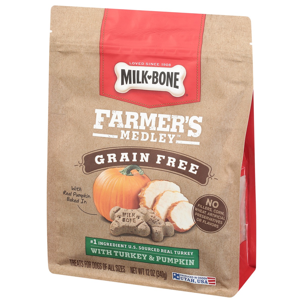 slide 2 of 9, Milk-Bone Farmer's Medley All Sizes Grain Free with Turkey & Pumpkin Treats for Dogs 12 oz, 12 oz