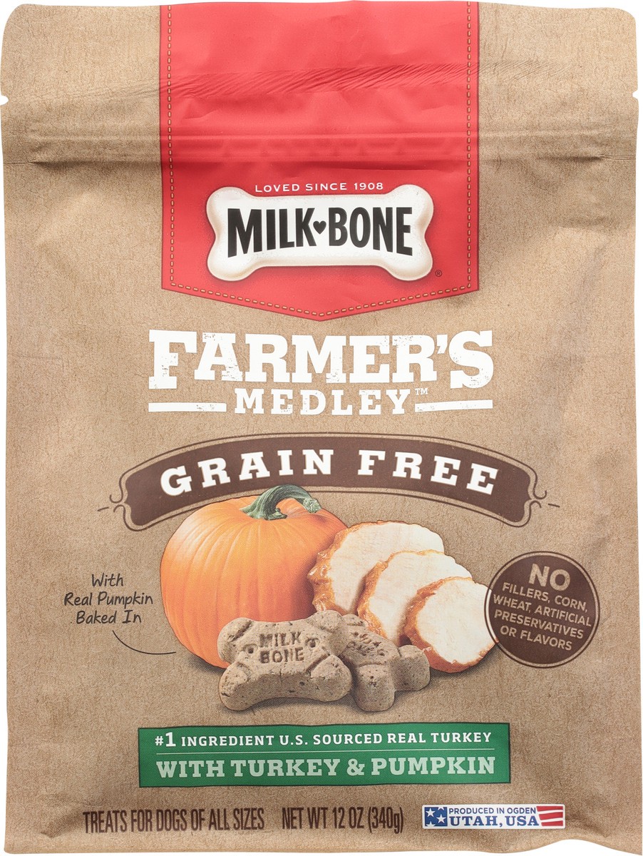 slide 8 of 9, Milk-Bone Farmer's Medley All Sizes Grain Free with Turkey & Pumpkin Treats for Dogs 12 oz, 12 oz