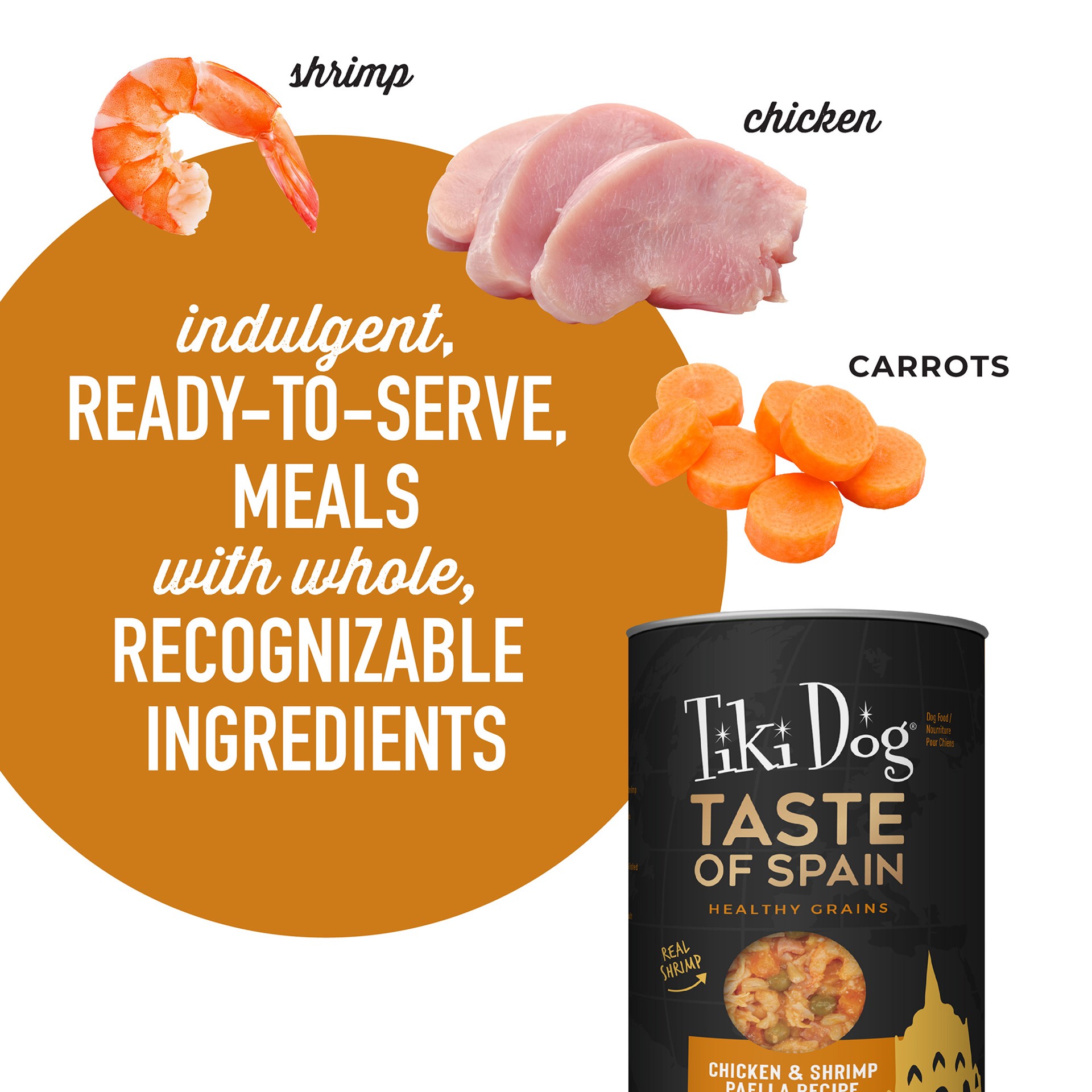 slide 5 of 6, Tiki Dog Taste of the World Wet Dog Food, Spain Chicken & Shrimp Paella, 12 oz. Cans (8 Count), 1 ct