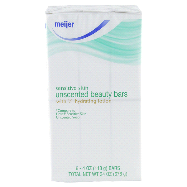 slide 1 of 4, Meijer Unscented Sensitive Skin Beauty Bar Soap, 6 ct