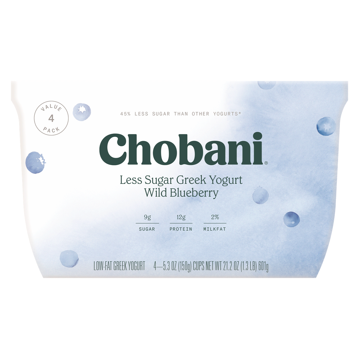 slide 1 of 1, Chobani Less Sugar Wild Blueberry Greek Yogurt, 4 ct