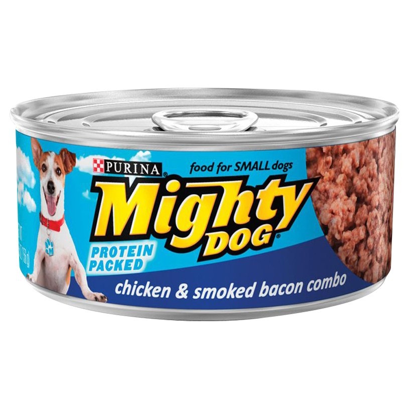 slide 1 of 7, Mighty Dog Chicken and Smoked Bacon Combo Food for Small Dogs, 5.5 oz