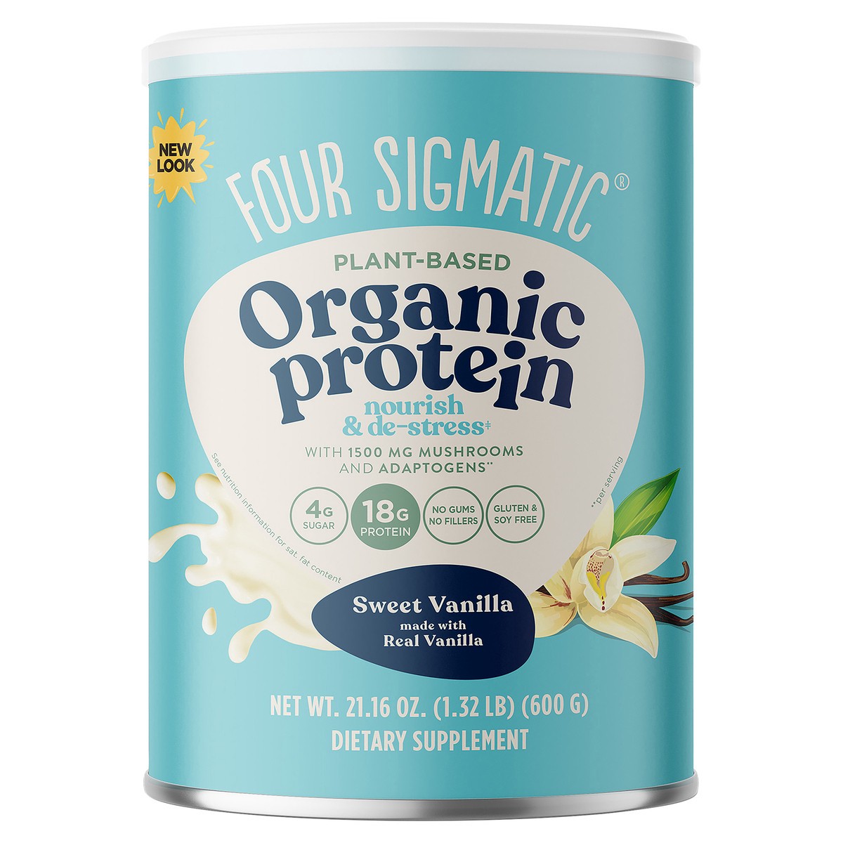 slide 1 of 4, Four Sigmatic Sweet Vanilla Organic Plant-based Protein, 21.6 oz