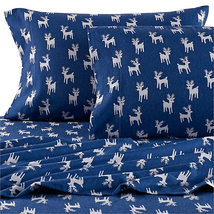 slide 1 of 1, Seasons Reindeer Flannel Twin Sheet Set - White/Blue, 1 ct