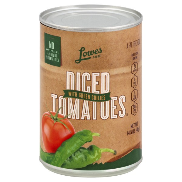 slide 1 of 1, Lowes Foods Tomatoes Diced With Green Chilies, 14.5 oz