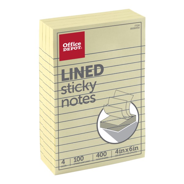 slide 1 of 2, Office Depot Brand Lined Sticky Notes, 4'' X 6'', Pastel Yellow, 100 Sheets Per Pad, Pack Of 4 Pads, 4 ct