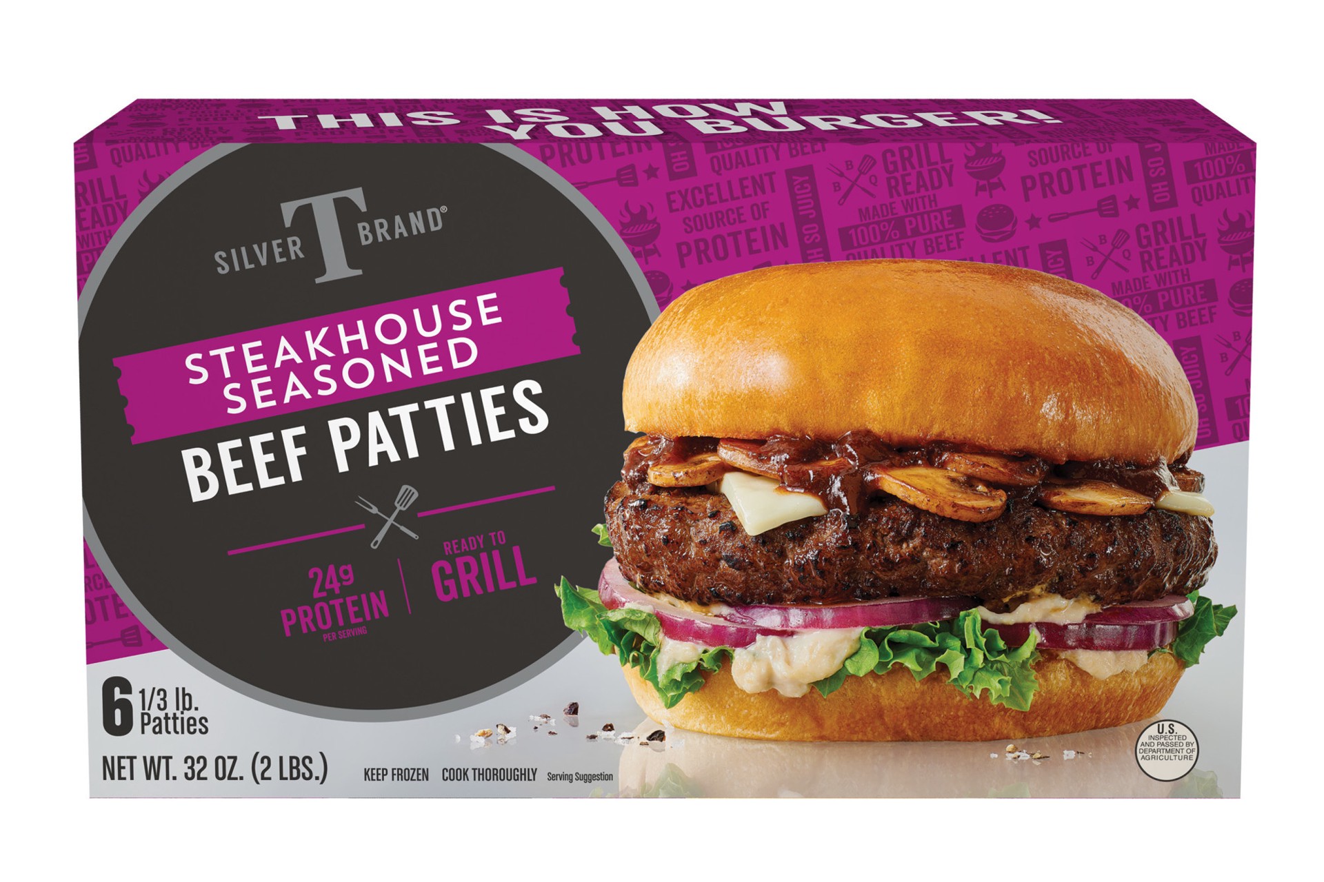 slide 1 of 3, Silver T Steakhouse Seasoned Beef Patties, 5.3 oz. - 6 Count, 2 lb