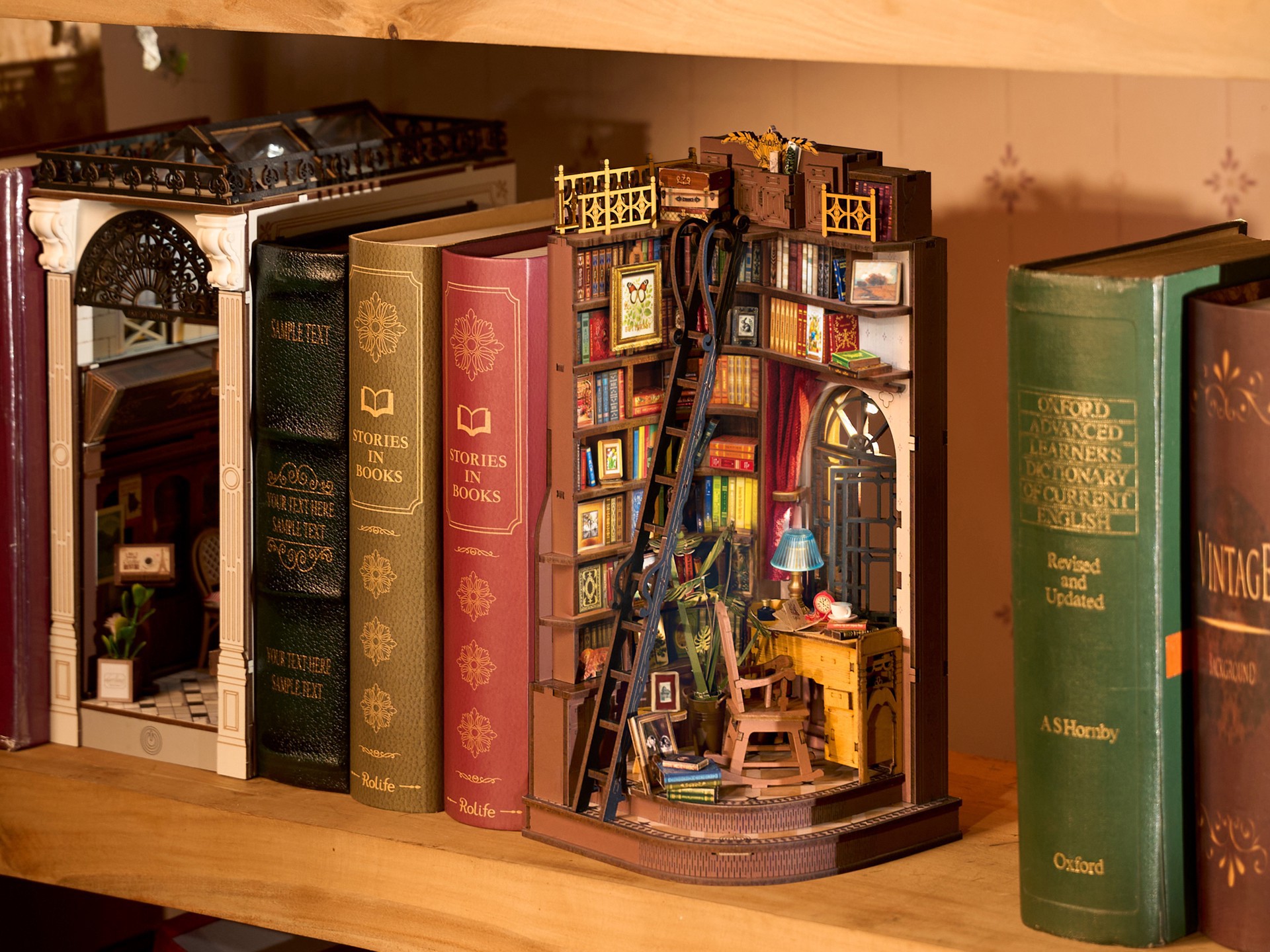 slide 3 of 9, Robotime Rolife Silent Corner Study Diy Book Nook Shelf Insert Kit, 4.64 in x 4.64 in x 9.8 in