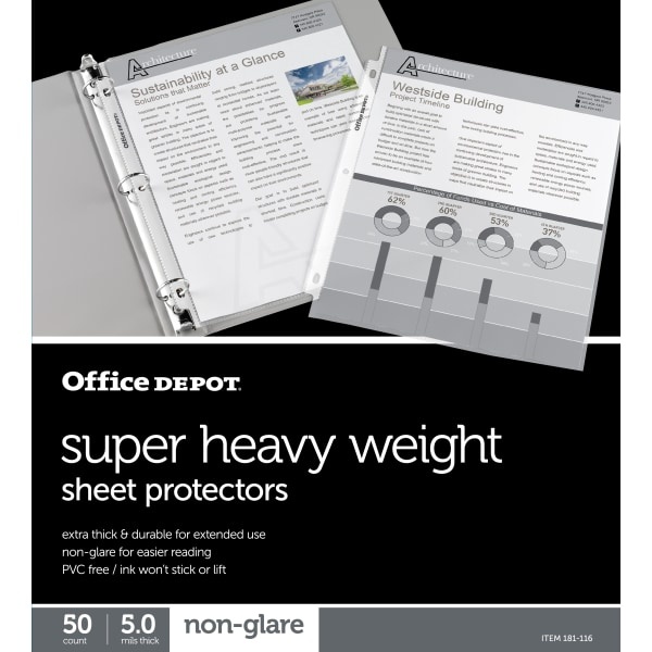 slide 1 of 3, Office Depot Brand Super Heavyweight Sheet Protectors, 8-1/2'' X 11'', Clear, Non-Glare, Pack Of 50, 50 ct