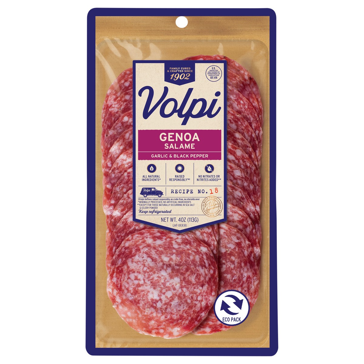 slide 1 of 9, Volpi Genoa Salami 4 oz. | Black Pepper & Garlic, 4 oz