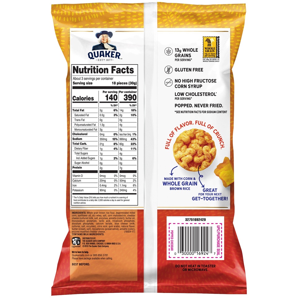 slide 2 of 4, Quaker Popped Cheddar Cheese Flavor Rice Crisps, 3.03 oz