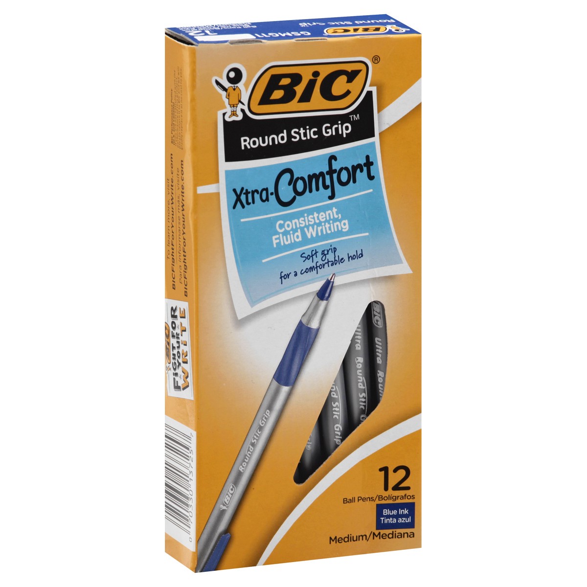 slide 2 of 8, BIC Round Stic Grip Xtra-Comfort Ballpoint Pens, Medium Point, 1.2 mm, Gray Barrel, Blue Ink, 12 ct