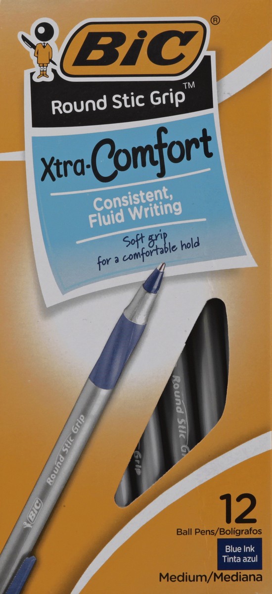 slide 7 of 8, BIC Round Stic Grip Xtra-Comfort Ballpoint Pens, Medium Point, 1.2 mm, Gray Barrel, Blue Ink, 12 ct