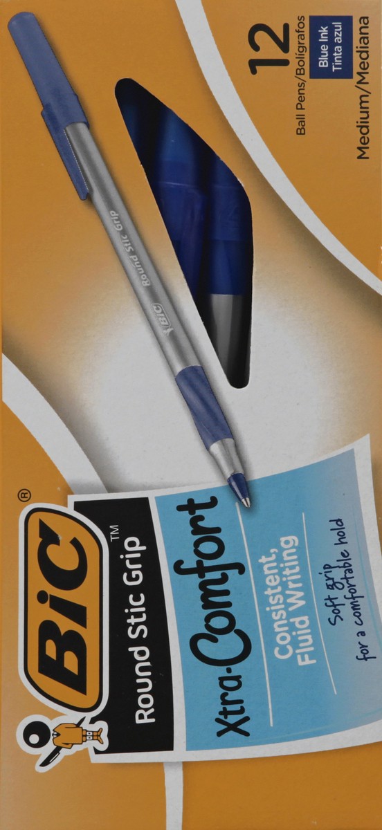 slide 8 of 8, BIC Round Stic Grip Xtra-Comfort Ballpoint Pens, Medium Point, 1.2 mm, Gray Barrel, Blue Ink, 12 ct