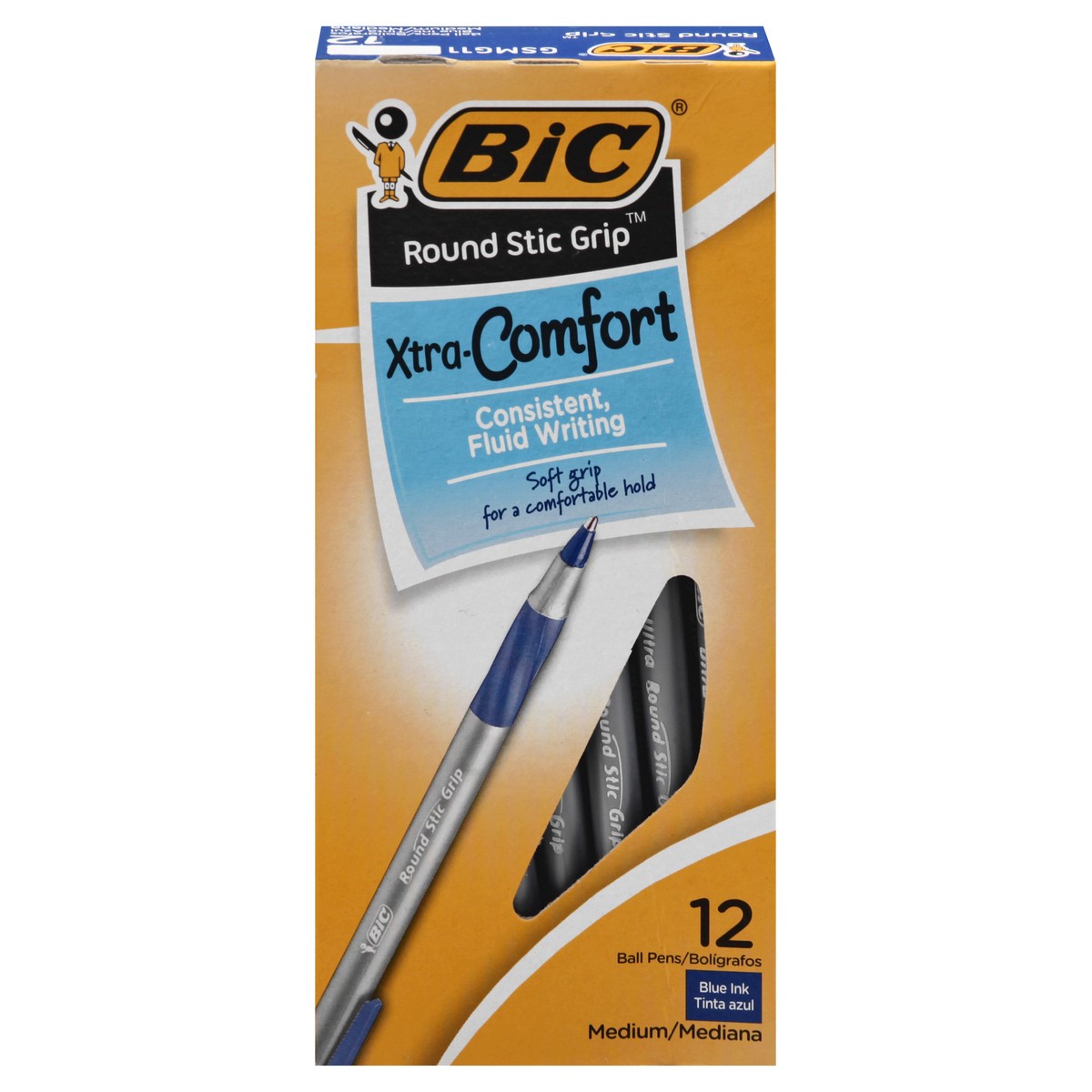 slide 1 of 8, BIC Round Stic Grip Xtra-Comfort Ballpoint Pens, Medium Point, 1.2 mm, Gray Barrel, Blue Ink, 12 ct