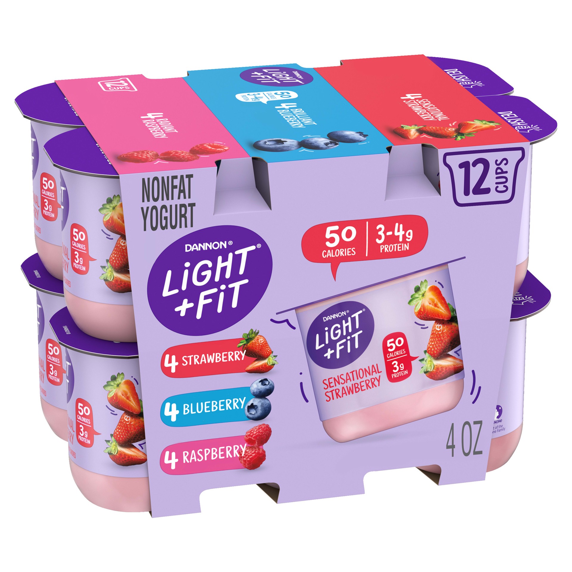 slide 1 of 1, Light + Fit Dannon Light + Fit Regular Nonfat Yogurt, Strawberry/Raspberry/Blueberry, Gluten-Free, 4 oz., 12 Pack, 4 oz