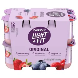 Dannon Light + Fit Nonfat Strawberry/Raspberry/Blueberry Variety Pack Yogurt, 4 Oz. Cups, 12 Count