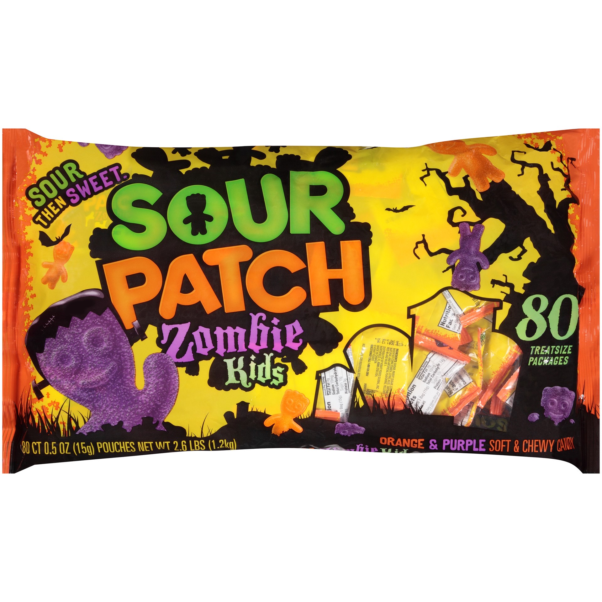 slide 1 of 5, SOUR PATCH KIDS Zombie Candy, Halloween Edition, 80 Treat Size Packs, 2.90 lb