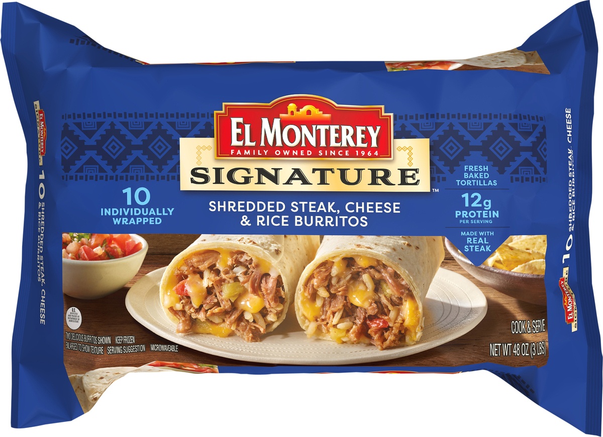slide 6 of 8, El Monterey Signature Shredded Steak & 3 Cheese Burrito, 3.13 lb